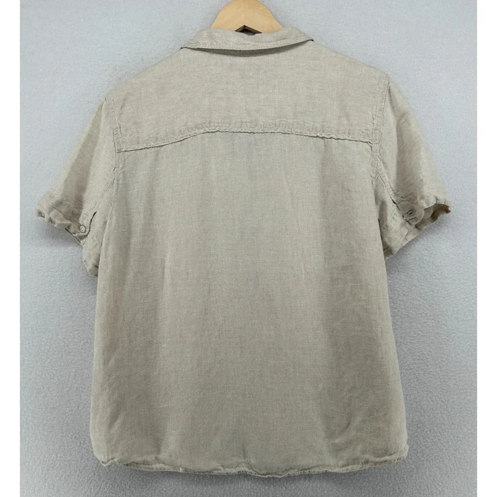 J.CREW Top Womens L Linen Popover Shirt Blouse Short Sleeve Woven Natural Beige